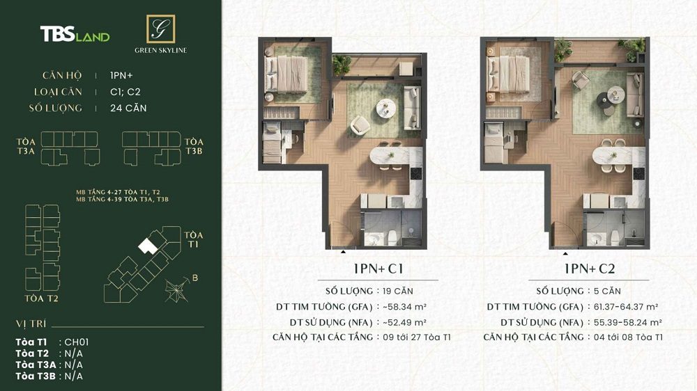 Căn hộ 1 phòng ngủ tại tháp T1 Green Skyline