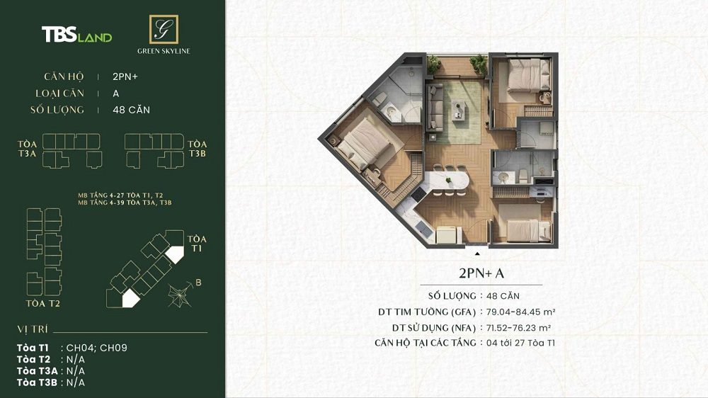 Layout căn hộ 2 phòng ngủ và vị trí tại tháp T1 Green Skyline