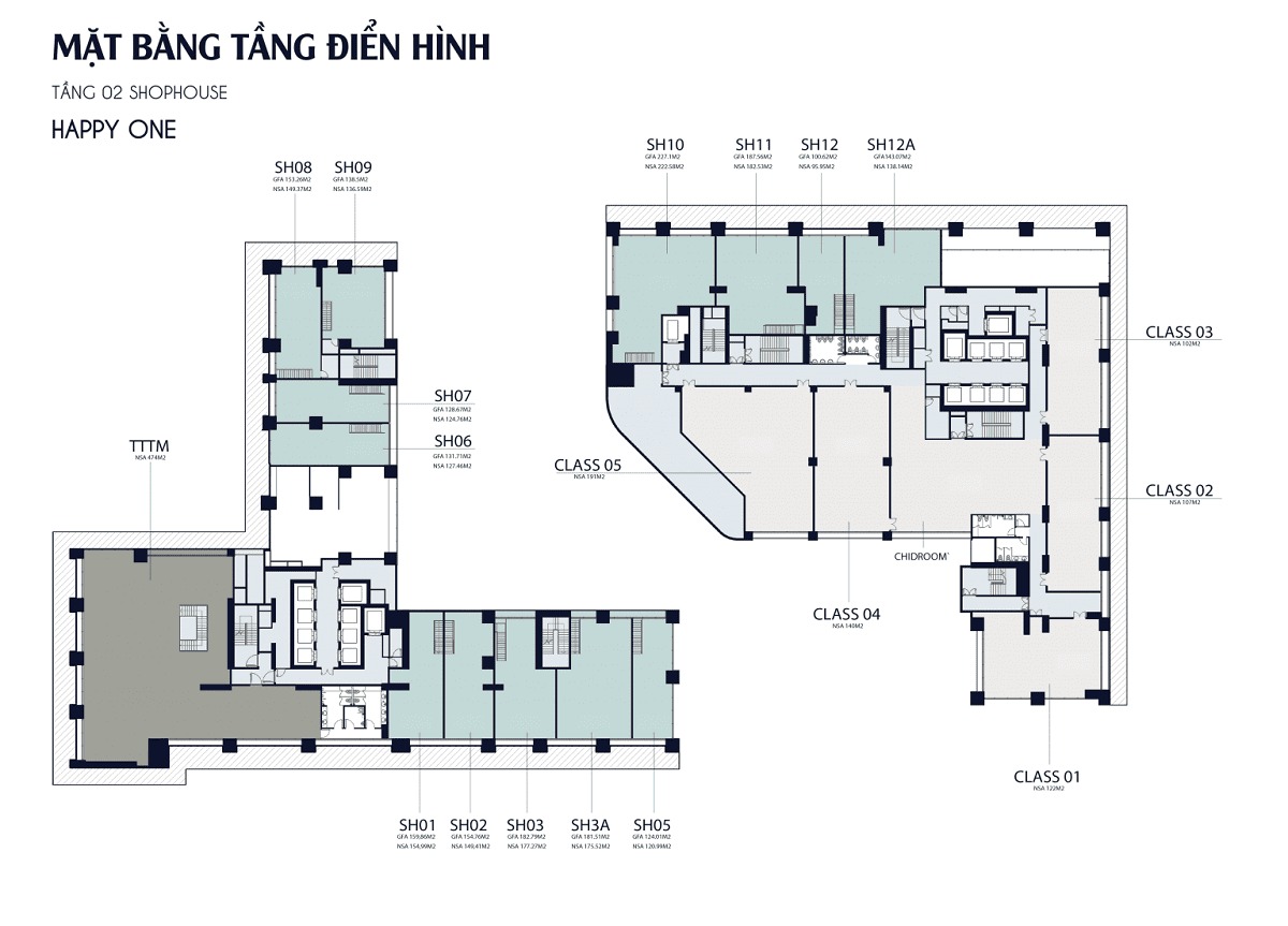 Ảnh minh họa: Mặt bằng tầng 2 bố trí các căn shophouse